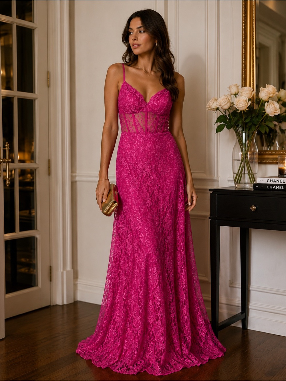 Fuschia Pink Corset Lace Gown